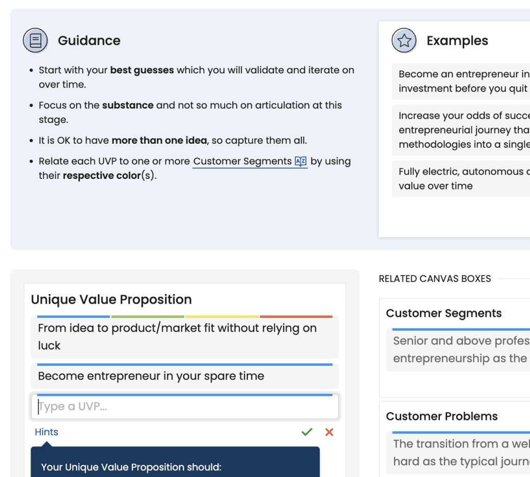 Screenshot showing an example of actionable guidance on the Icanpreneur platform