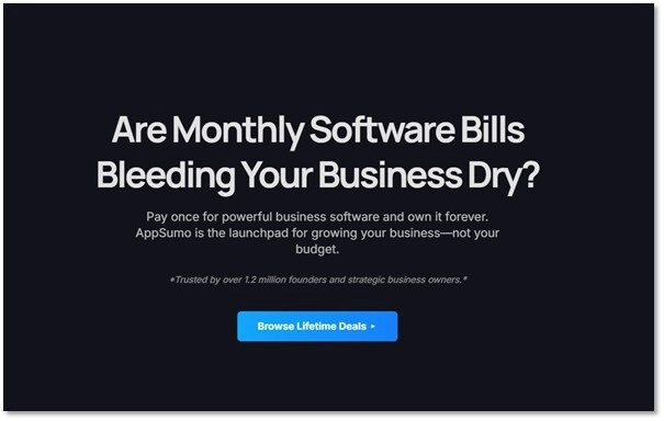 Landing page headline: "Are Monthly Software Bills Bleeding Your Business Dry?" – AppSumo positioned as the launchpad for growing your business