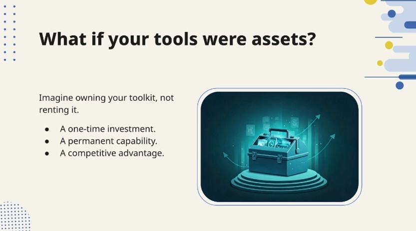 Pitch deck slide: "What if your tools were assets?" – imagine owning your toolkit, not renting it