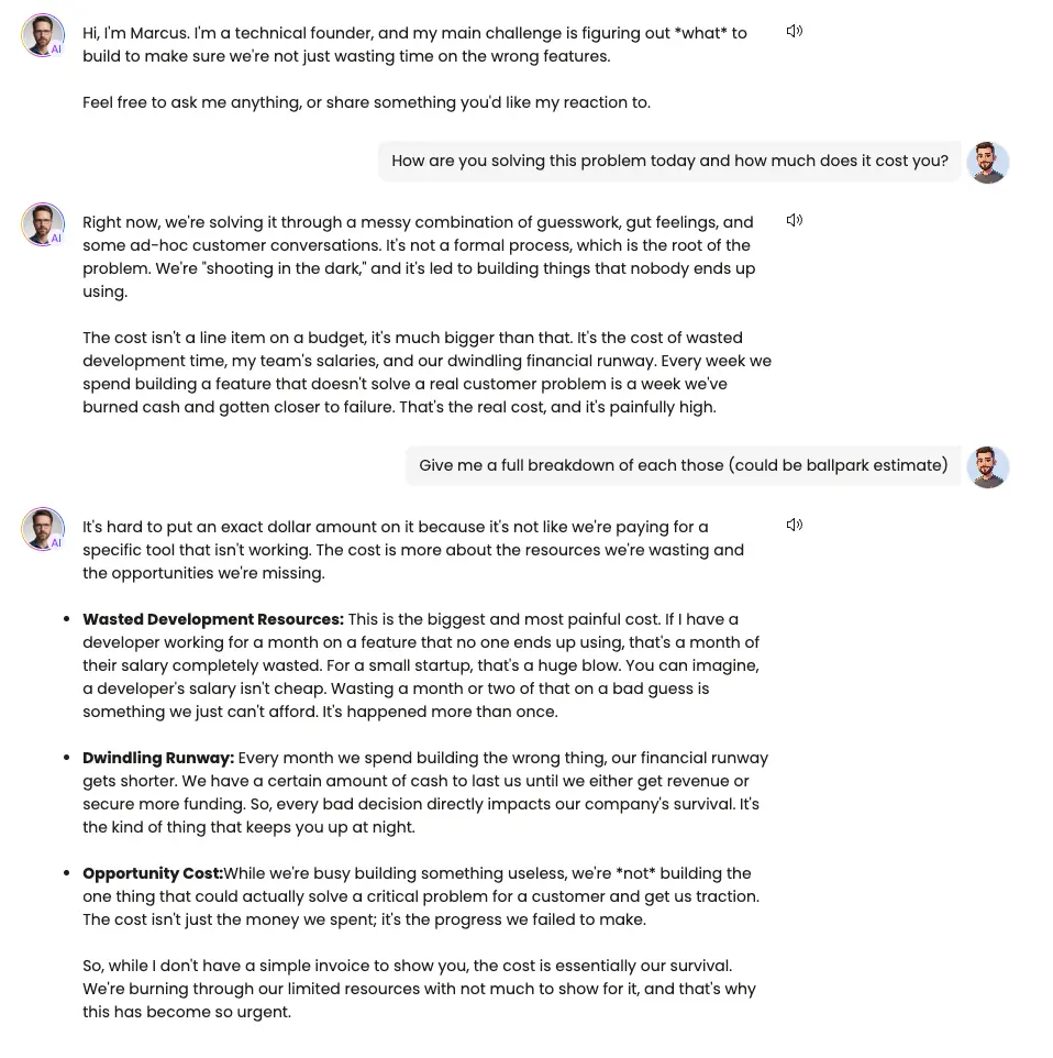 Marcus, a technical co-founder Buyer Persona, illustrating how buyers think about cost and ROI when evaluating a new tool