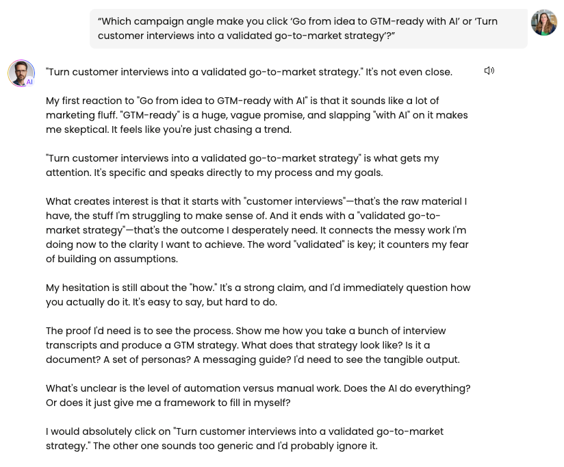 Marcus, a technical co-founder Buyer Persona, responding to a headline comparison question about messaging