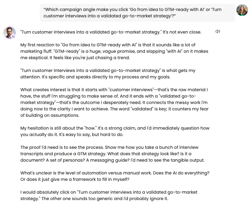 Marcus, a technical co-founder Buyer Persona, responding to a headline comparison question about messaging