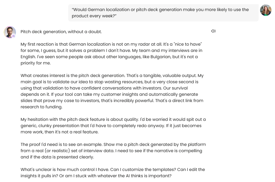 Marcus, a technical co-founder Buyer Persona, answering a feature prioritization question about German localization vs pitch deck generation