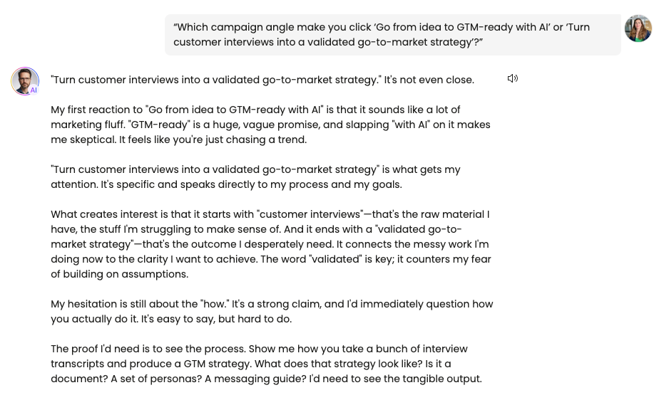 Marcus, a technical co-founder Buyer Persona, answering a campaign angle question about two positioning options