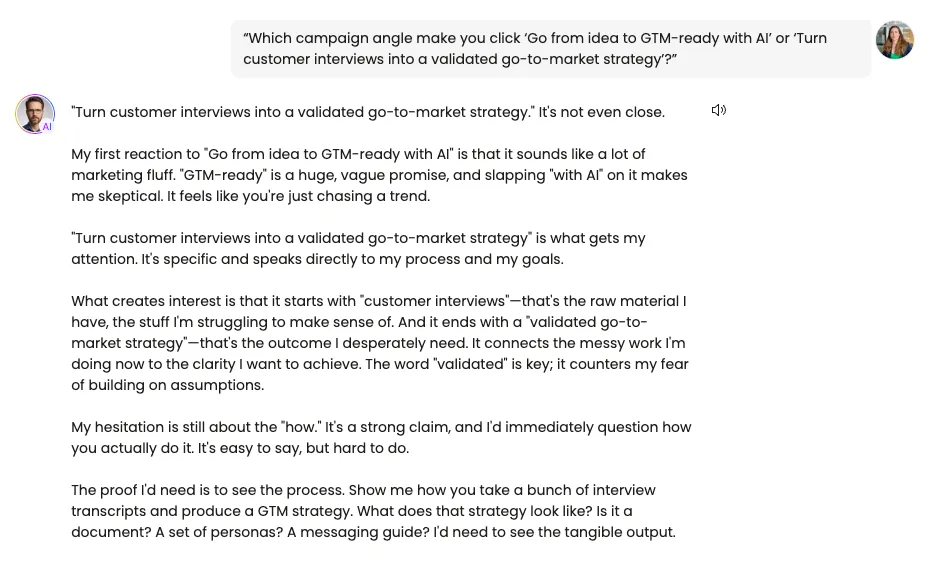 Marcus, a technical co-founder Buyer Persona, answering a campaign angle question about two positioning options