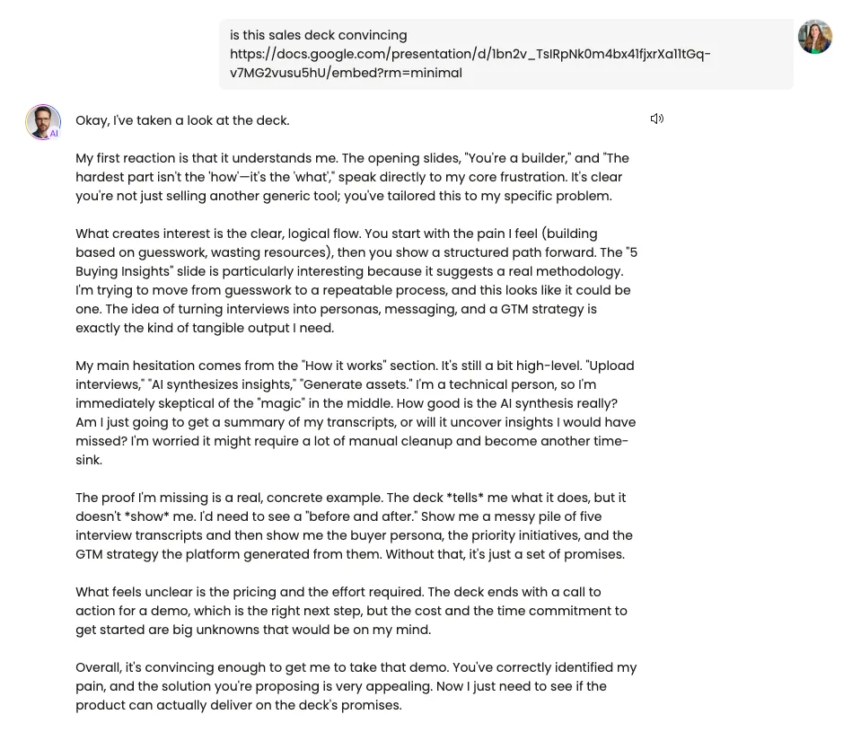 Marcus, a technical co-founder Buyer Persona, reviewing a sales deck and naming where it loses his trust