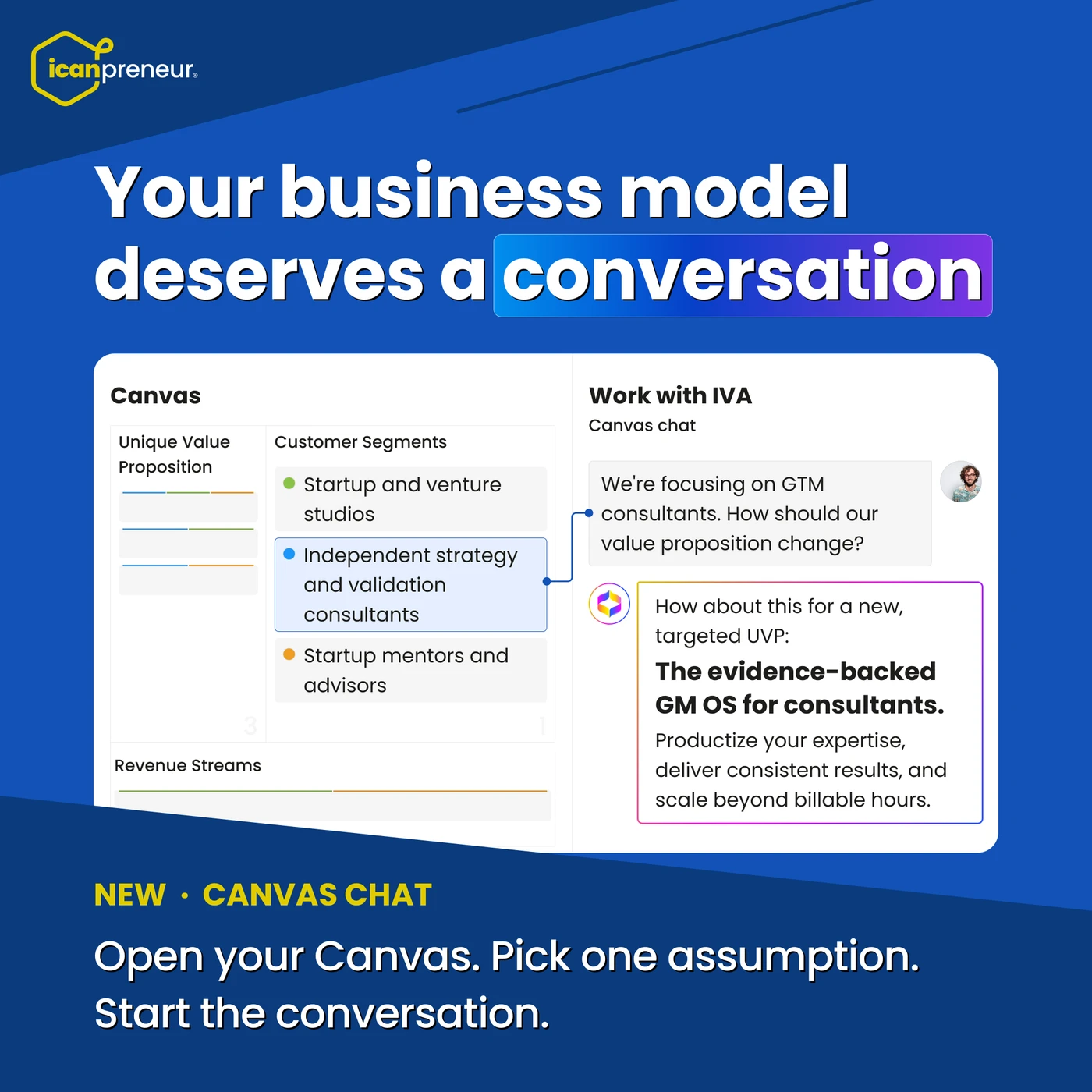Work with IVA in Canvas: asking IVA how the value proposition should change when focusing on GTM consultants, with IVA suggesting a new targeted UVP